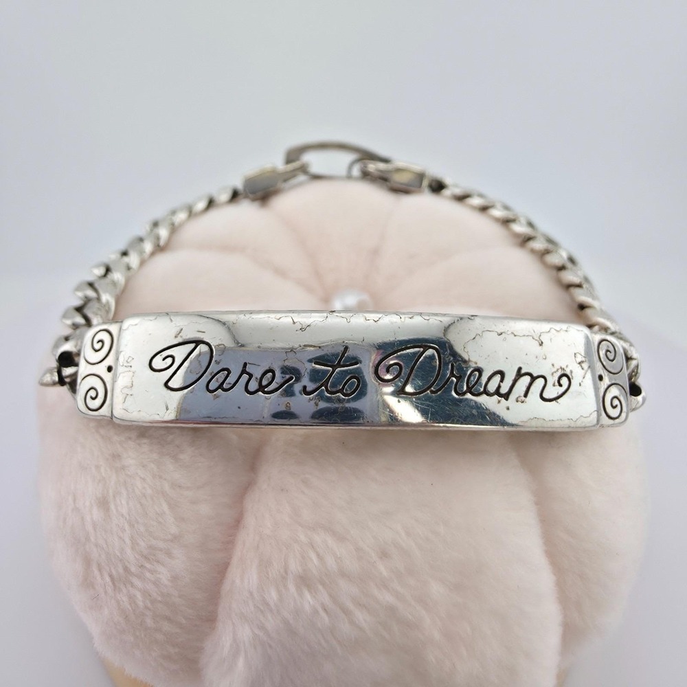 BRIGHTON 'Dare to Dream' ID Bracelet Etched Swirl Scrollwork Silver Plate 7.75"